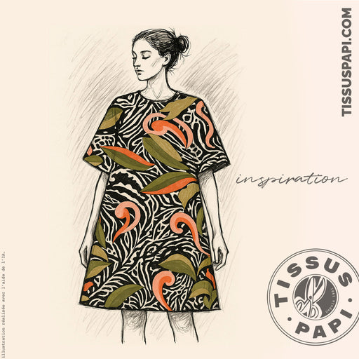 Tissu viscose fluide COMPORTA, motif graphique noir blanc, fleuri vert rose corail - Fabrication française - TissusPapi.com