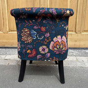 Tissu demi natté INDIENNES fleuri 100% coton, fond bleu pétrole - Collection Thevenon - TissusPapi.com