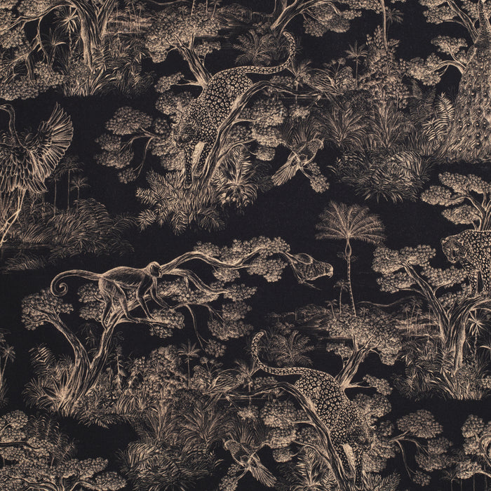 Tissu Toile de Jouy moderne noire & ocre, forêt tropicale, singes et léopards - COLLECTION ANIMALIA, par la maison Thevenon