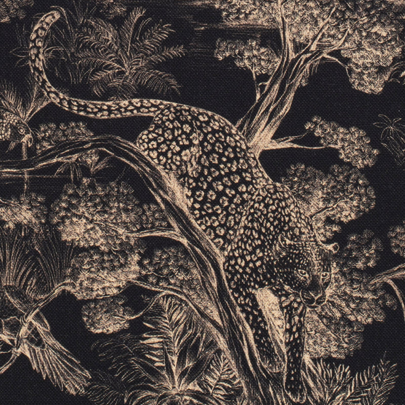 Tissu Toile de Jouy moderne noire & ocre, forêt tropicale, singes et léopards - COLLECTION ANIMALIA, par la maison Thevenon - TissusPapi.com