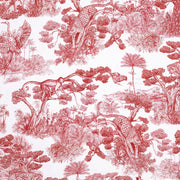 Tissu Toile de Jouy moderne rouge, forêt tropicale, singes et léopards - COLLECTION ANIMALIA, par la maison Thevenon - TissusPapi.com