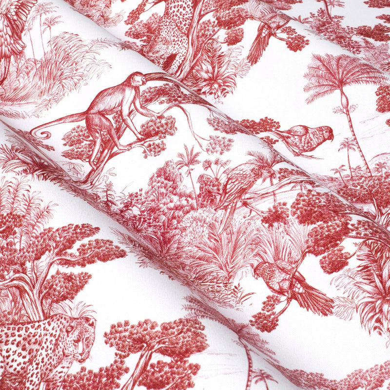 Tissu Toile de Jouy moderne rouge, forêt tropicale, singes et léopards - COLLECTION ANIMALIA, par la maison Thevenon - TissusPapi.com