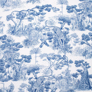 Tissu Toile de Jouy moderne bleue, forêt tropicale, singes et léopards - COLLECTION ANIMALIA, par la maison Thevenon - TissusPapi.com