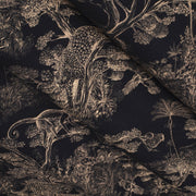 Tissu Toile de Jouy moderne noire & ocre, forêt tropicale, singes et léopards - COLLECTION ANIMALIA, par la maison Thevenon - TissusPapi.com
