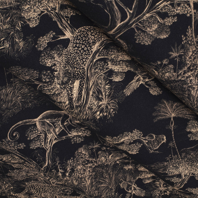 Tissu Toile de Jouy moderne noire & ocre, forêt tropicale, singes et léopards - COLLECTION ANIMALIA, par la maison Thevenon - TissusPapi.com