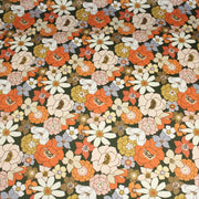 Tissu gabardine de coton SUZANNE imprimé fleurs rétro : bleu, rouille, olive - OEKO - TEX STANDARD 100 - TissusPapi.com