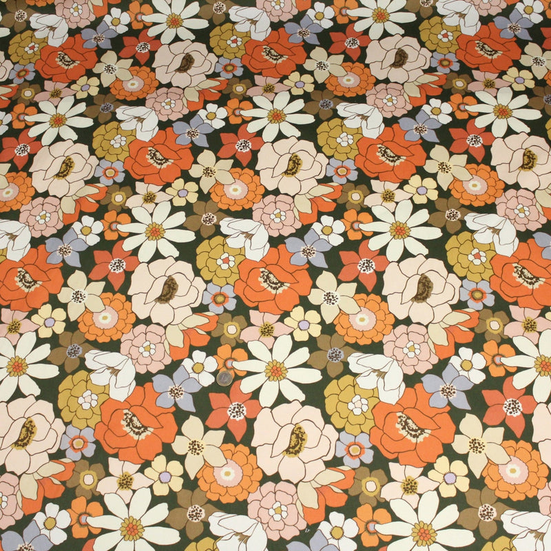 Tissu gabardine de coton SUZANNE imprimé fleurs rétro : bleu, rouille, olive - OEKO - TEX STANDARD 100 - TissusPapi.com