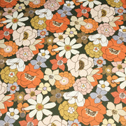 Tissu gabardine de coton SUZANNE imprimé fleurs rétro : bleu, rouille, olive - OEKO - TEX STANDARD 100 - TissusPapi.com