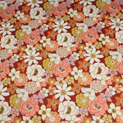 Tissu gabardine de coton SUZANNE imprimé fleurs rétro : bleu, rouille, olive - OEKO - TEX STANDARD 100 - TissusPapi.com
