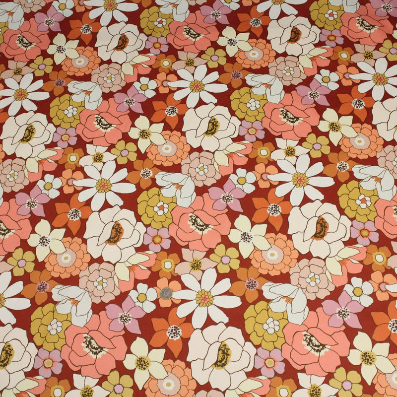 Tissu gabardine de coton SUZANNE imprimé fleurs rétro : bleu, rouille, olive - OEKO - TEX STANDARD 100 - TissusPapi.com