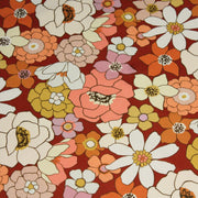 Tissu gabardine de coton SUZANNE imprimé fleurs rétro : bleu, rouille, olive - OEKO - TEX STANDARD 100 - TissusPapi.com