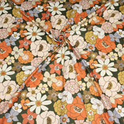 Tissu gabardine de coton SUZANNE imprimé fleurs rétro : bleu, rouille, olive - OEKO - TEX STANDARD 100 - TissusPapi.com