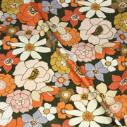 Tissu gabardine de coton SUZANNE imprimé fleurs rétro : bleu, rouille, olive - OEKO - TEX STANDARD 100 - TissusPapi.com