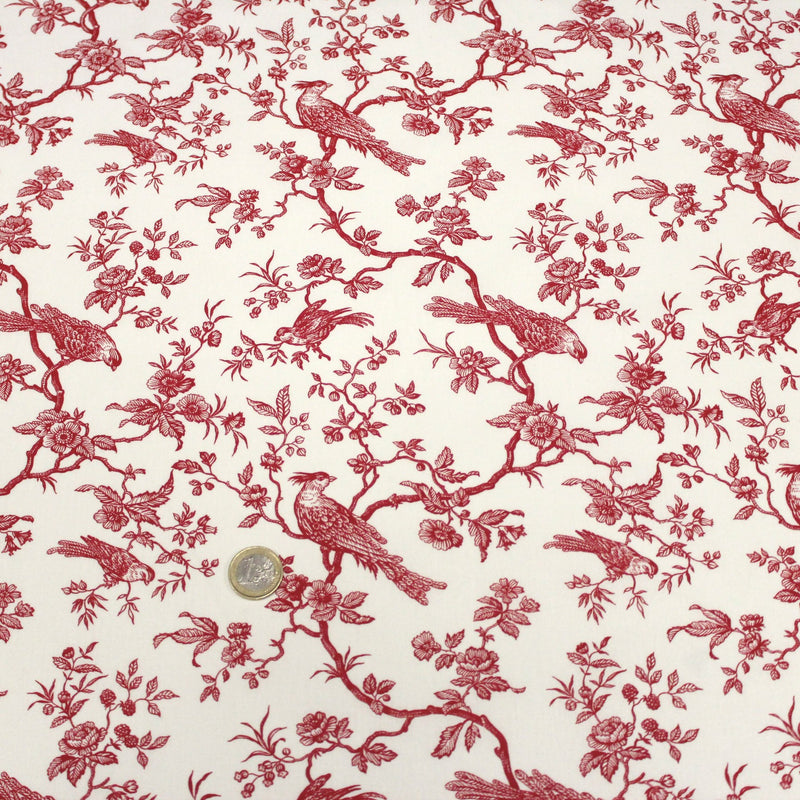 Tissu coton renforcé TOILE DE JOUY AUX MESANGES grande largeur 280cm : bleu, rouge, vert, gris - OEKO - TEX - TissusPapi.com