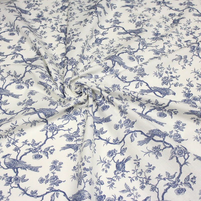 Tissu coton TOILE DE JOUY AUX MESANGES : bleu, vert - OEKO - TEX - TissusPapi.com