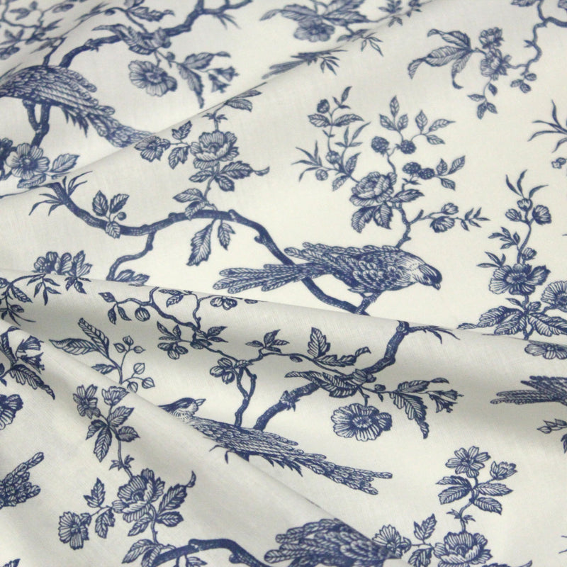 Tissu coton TOILE DE JOUY AUX MESANGES : bleu, vert - OEKO - TEX - TissusPapi.com