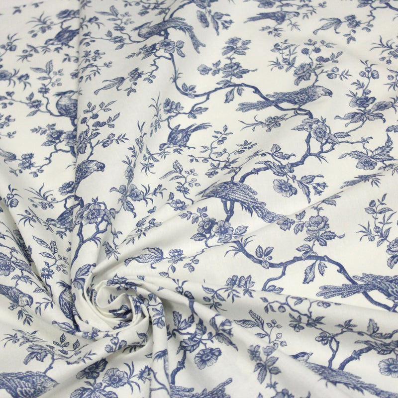 Tissu coton TOILE DE JOUY AUX MESANGES : bleu, vert - OEKO - TEX - TissusPapi.com