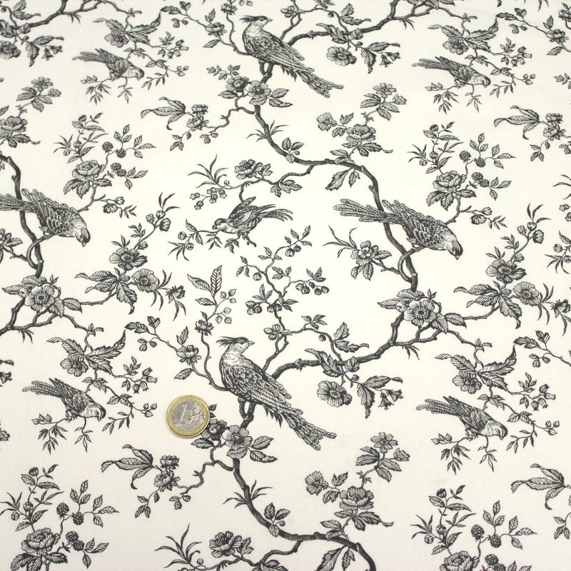 Tissu coton renforcé TOILE DE JOUY AUX MESANGES grande largeur 280cm : bleu, rouge, vert, gris - OEKO - TEX - TissusPapi.com