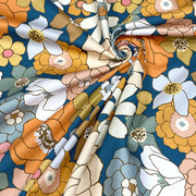 Tissu gabardine de coton SUZANNE imprimé fleurs rétro : bleu, rouille, olive - OEKO - TEX STANDARD 100 - TissusPapi.com