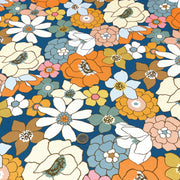 Tissu gabardine de coton SUZANNE imprimé fleurs rétro : bleu, rouille, olive - OEKO - TEX STANDARD 100 - TissusPapi.com