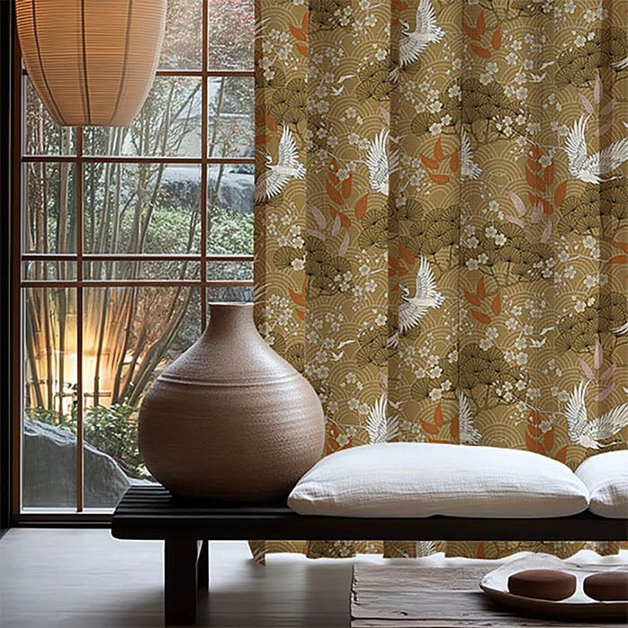 Tissu coton demi-natté GRUES JAPONAISES, trois teintes : écru, rose, ocre - OEKO-TEX STANDARD 100