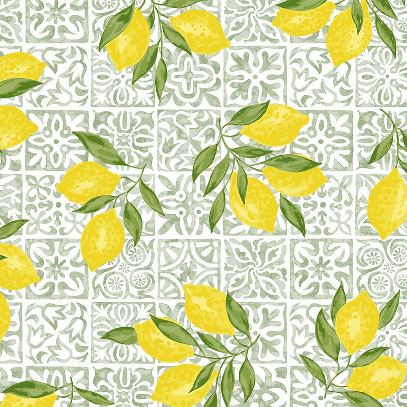 Tissu cotonnade Carreaux de faïence et citrons : tons verts ou bleus - COLLECTION SICILIA - OEKO - TEX STANDARD 100 - TissusPapi.com