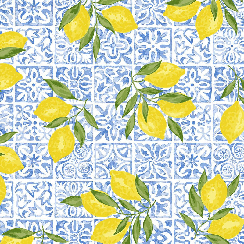 Tissu cotonnade Carreaux de faïence et citrons : tons verts ou bleus - COLLECTION SICILIA - OEKO - TEX STANDARD 100 - TissusPapi.com