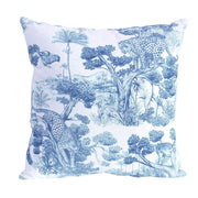 Tissu Toile de Jouy moderne bleue, forêt tropicale, singes et léopards - COLLECTION ANIMALIA, par la maison Thevenon - TissusPapi.com