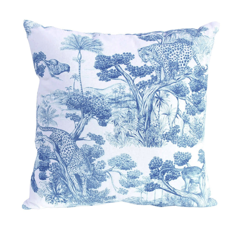 Tissu Toile de Jouy moderne bleue, forêt tropicale, singes et léopards - COLLECTION ANIMALIA, par la maison Thevenon - TissusPapi.com