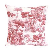 Tissu Toile de Jouy moderne rouge, forêt tropicale, singes et léopards - COLLECTION ANIMALIA, par la maison Thevenon - TissusPapi.com