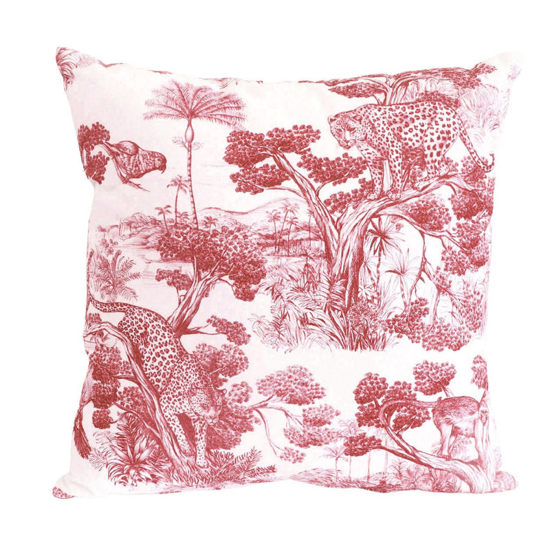 Tissu Toile de Jouy moderne rouge, forêt tropicale, singes et léopards - COLLECTION ANIMALIA, par la maison Thevenon - TissusPapi.com