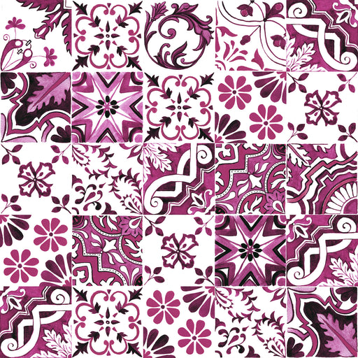 Tissu popeline de coton AZULEJOS aux carreaux de faïence rose byzantin & blanc - tissuspapi