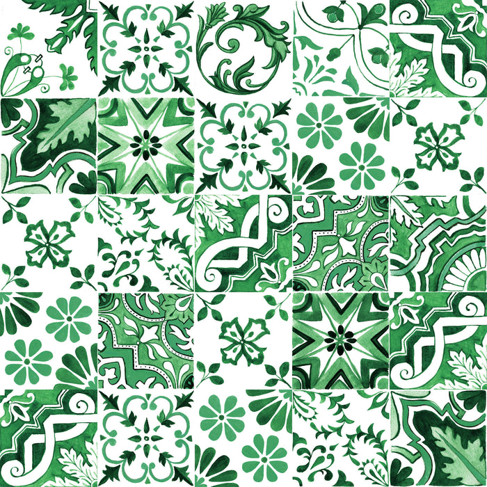Tissu popeline de coton AZULEJOS aux carreaux de faïence vert prairie & blanc - tissuspapi