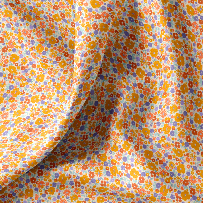 Tissu cotonnade fleurie, fines fleurs tons orange & mauve - OEKO-TEX STANDARD 100