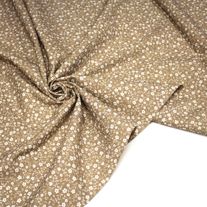 Tissu cotonnade ocre aux fleurs blanches - OEKO - TEX - TissusPapi.com