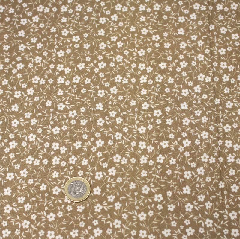 Tissu cotonnade ocre aux fleurs blanches - OEKO - TEX - TissusPapi.com