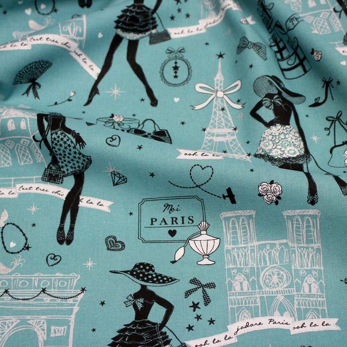 Tissu cotonnade I love Paris J'aime Paris, vert canard - OEKO-TEX