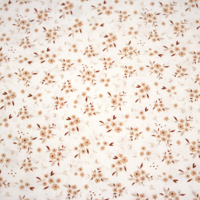 Tissu cotonnade blanc aux fines fleurs roses & ocres - OEKO-TEX