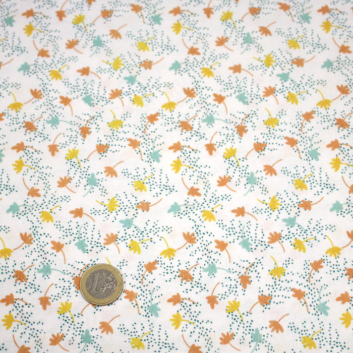 Tissu cotonnade blanc aux fines fleurs bleus jaunes oranges - OEKO-TEX