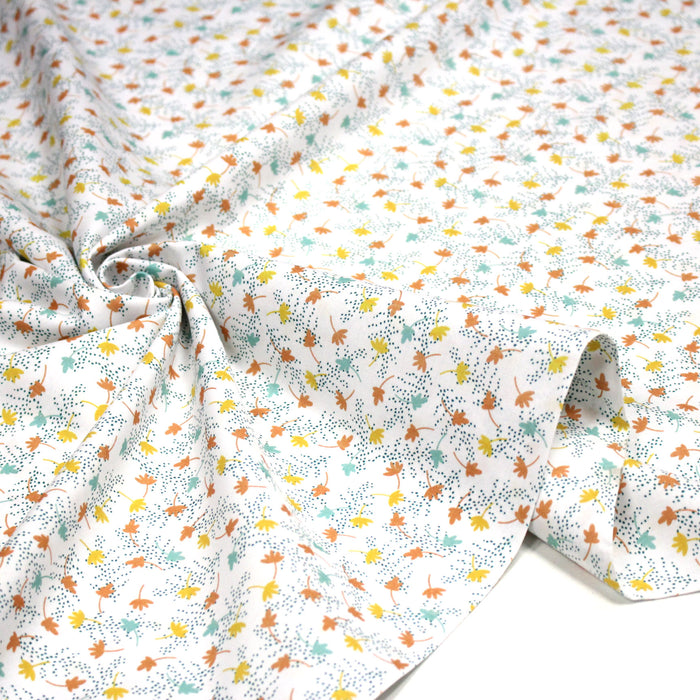 Tissu cotonnade blanc aux fines fleurs bleus jaunes oranges - OEKO-TEX