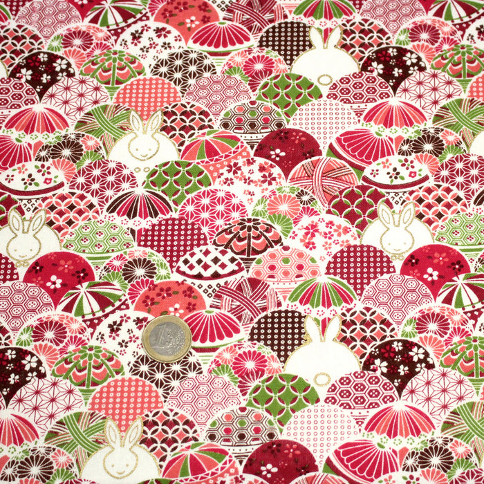 Tissu cotonnade motifs japonais traditionnels rouges et roses & lapins dorés- COLLECTION JAPON DORÉ