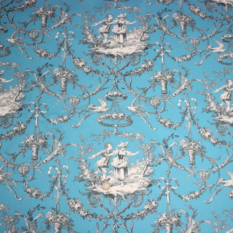 Tissu coton épais TOILE DE JOUY LES AMOURS, bleu, grande largeur 280cm - TissusPapi.com