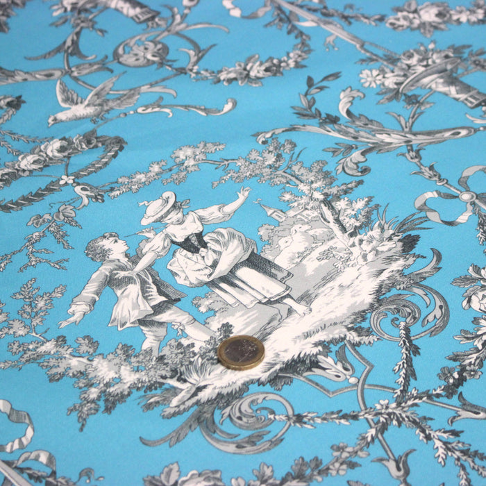 Tissu coton épais TOILE DE JOUY LES AMOURS, bleu, grande largeur 280cm