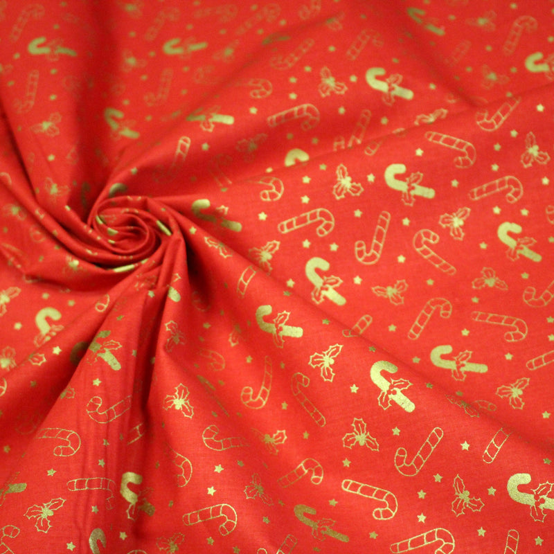 Tissu coton NOËL rouge aux houx et sucres d'orge dorés - OEKO - TEX - TissusPapi.com