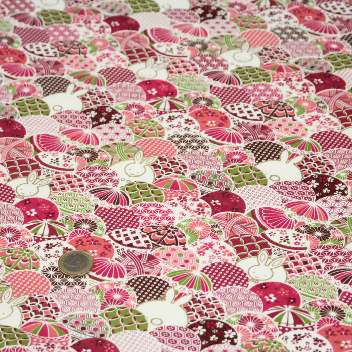 Tissu cotonnade motifs japonais traditionnels rouges et roses & lapins dorés- COLLECTION JAPON DORÉ