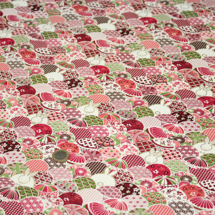 Tissu cotonnade motifs japonais traditionnels rouges et roses & lapins dorés- COLLECTION JAPON DORÉ