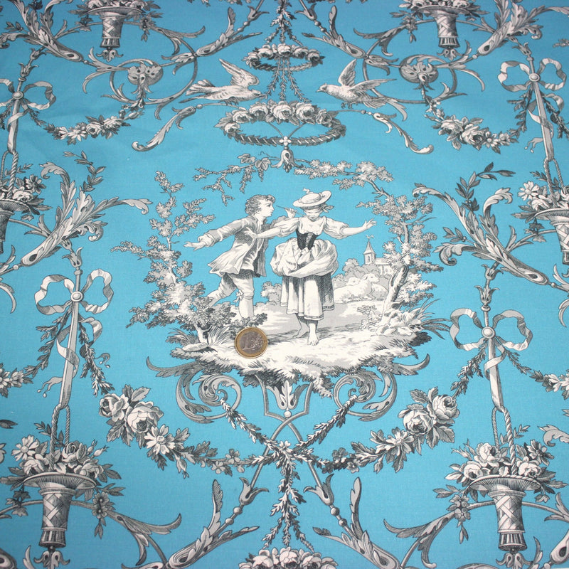 Tissu coton épais TOILE DE JOUY LES AMOURS, bleu, grande largeur 280cm - TissusPapi.com