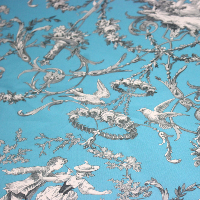Tissu coton épais TOILE DE JOUY LES AMOURS, bleu, grande largeur 280cm