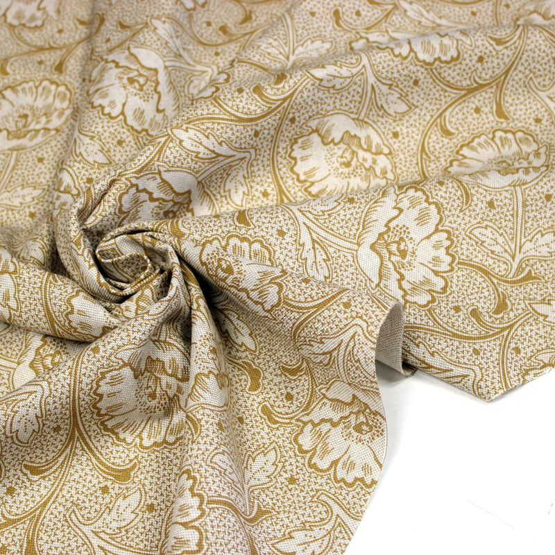 Tissu ART NOUVEAU demi natté motif floral, fond lin : bordeaux, vert anglais, ocre - TissusPapi.com