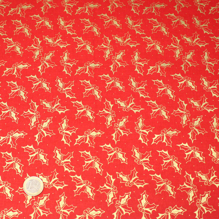 Tissu coton NOËL rouge aux brins de houx dorés - OEKO-TEX